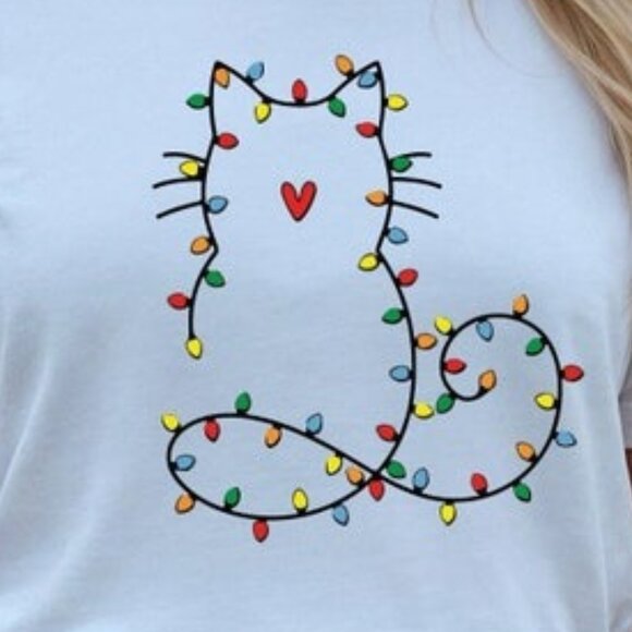 Cute Cat Christmas Lights T-Shirt, Christmas Cat Graphic T-Shirt - Picture 2 of 5